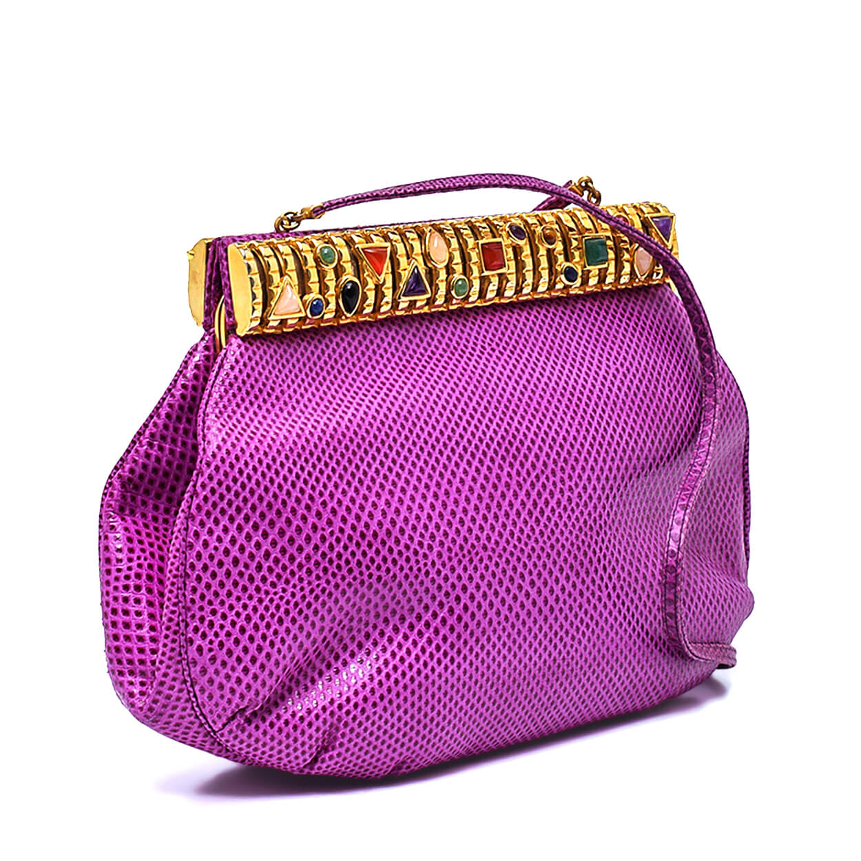 Judith Leiber - Purple Vintage Magenta Lizard Leather Multicolor Gemstone Clutch w Stra